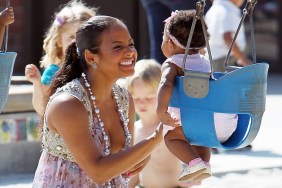 Christina Milian, sun dress, floral dress, silver beaded necklace, ponytail, park, swings